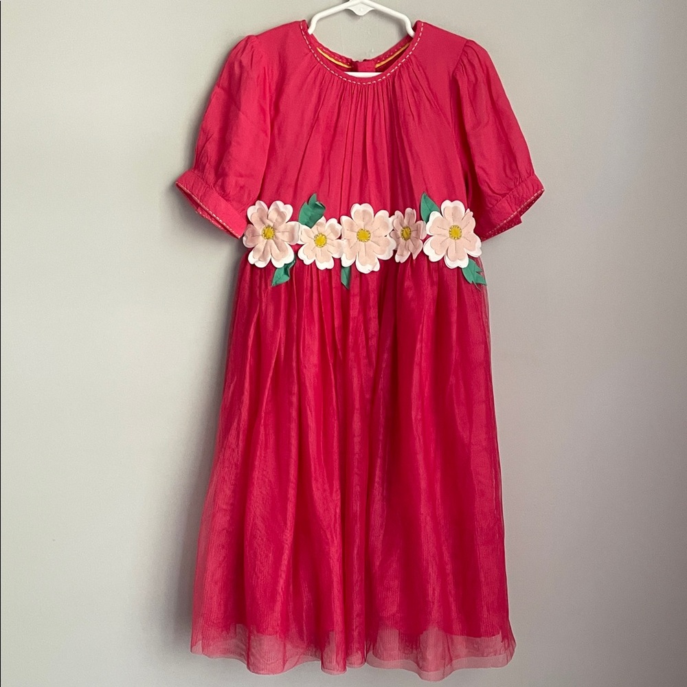 Mini Boden Girl’s Flower Appliqué Pink Tulle Dress Size 6-7Y